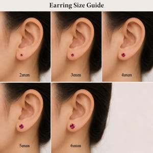 May include: An Earring Size Guide featuring five images of a single red gemstone stud earring worn in an earlobe. The sizes are labeled 2mm, 3mm, 4mm, 5mm, and 6mm, showing the scale of the round red stone relative to the ear for comparison.