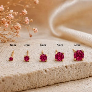 May include: Five gold stud earrings with round, vibrant pink stones, arranged in a row from smallest to largest. The sizes are labeled above each earring as 2mm, 3mm, 4mm, 5mm, and 6mm, indicating the diameter of the circular gemstone settings.