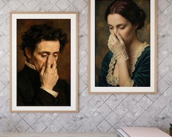 Arte de baño divertido, retrato vintage, pellizco de nariz, juego de 2, humor de baño, imprimible para pared