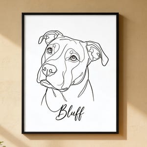 Könnte beinhalten: Schwarz gerahmter Kunstdruck mit einer minimalistischen Strichzeichnung eines Hundegesichts. Die Gesichtszüge des Hundes sind in Schwarz auf weißem Hintergrund umrissen. Das Wort "Bluff" ist darunter in Kursivschrift geschrieben.