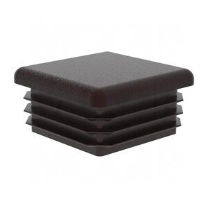 May include: A dark brown square plastic end cap with a textured surface. The cap has a slightly rounded top and multiple ribbed layers for secure fitting. Ideal for furniture or tubing.