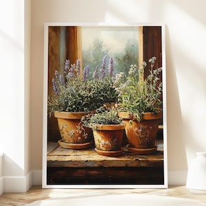 Lámina decorativa de pared con ventana de lavanda, bodegón rústico con macetas de hierbas, decoración de cocina de estilo rústico, obra de arte botánica vintage sobre lienzo.