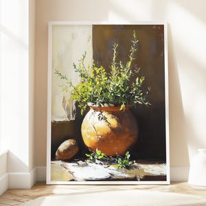 Olive Tree Pot Wall Art, Mediterranean Botanical Decor, Rustic Greenery Canvas, Farmhouse Kitchen Print