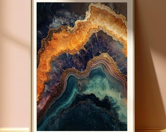 Blau-goldene Geode Wandkunst, Abstrakte Kunst mit Kristallrahmen, Luxe Mineral Leinwand Druck, Glam Moderne Erdige Wohnkultur