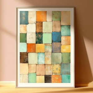 Impression sur toile motif carreaux rustique, décoration patchwork vintage, art mural abstrait carré en détresse, impression sur toile ferme