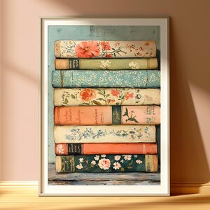 Vintage Floral Book Stack Canvas Art, Antique Library Canvas Print, Botanical Literature Poster, Framed Cottagecore Decor, Academic Portrait