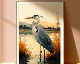 Cuadro de garza azul, arte mural de vida silvestre en un lago sereno, obra de arte de naturaleza costera, arte rústico de aves, decoración tranquila para el hogar.