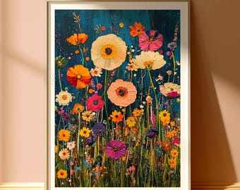Väggkonst med vildblommande äng, färgglatt blommigt canvastavla, inramad impasto-affisch, modern botanisk dekor, texturerad blomma stort presentporträtt