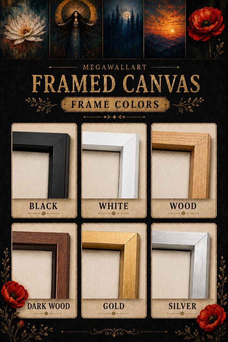 The image is a framed canvas with six different frame colors: black, white, wood, dark wood, gold, and silver. The text above the image reads "Megawallart FRAMED CANVAS FRAME COLORS".