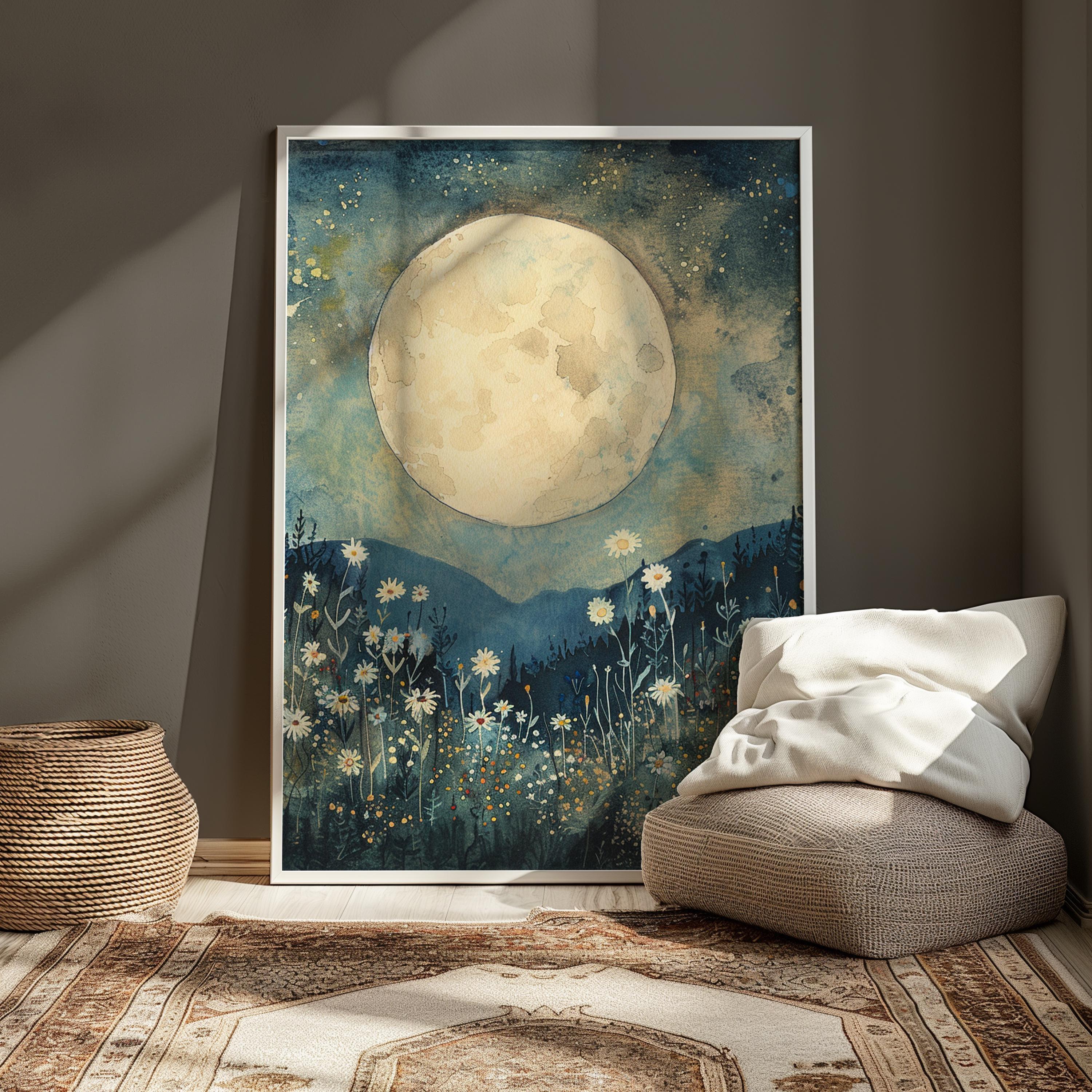 Full Moon Wildflower Field Wall Art, Mystical Moonlight Night Sky ...