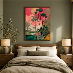 a bedroom with a large, colorful painting of a tropical landscape hanging on the wall above a bed with white bedding and pillows.