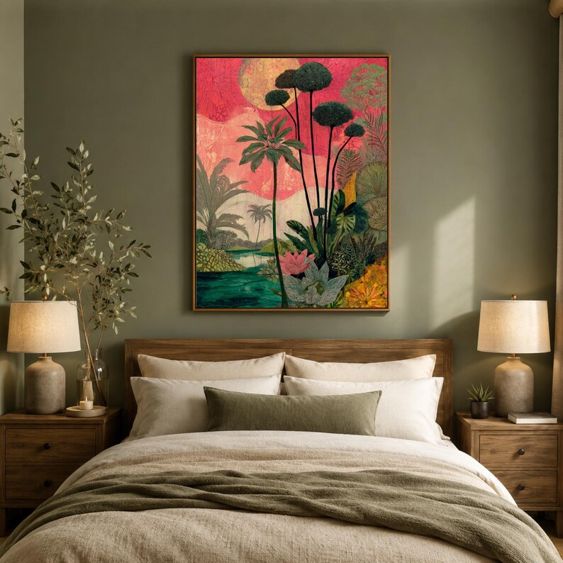 a bedroom with a large, colorful painting of a tropical landscape hanging on the wall above a bed with white bedding and pillows.