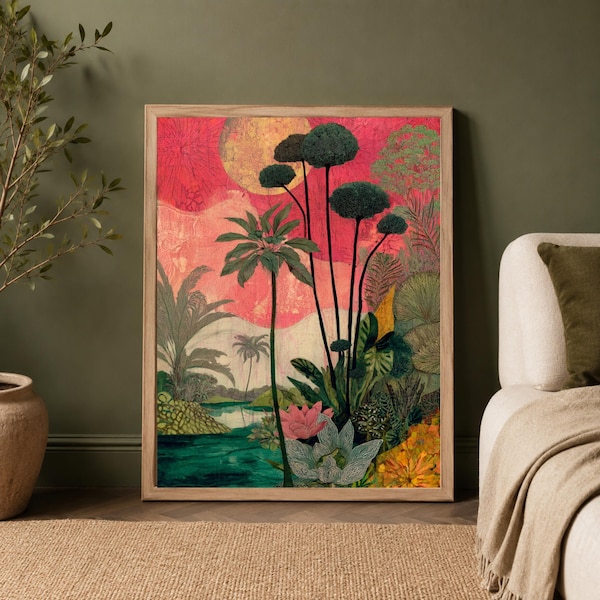 Tropical Jungle Wall Art, Pink Moon Poster, Botanical Palm Canvas, Exotic Lotus Flower Print, Best Selling Bohemian Bedroom Decor Gift