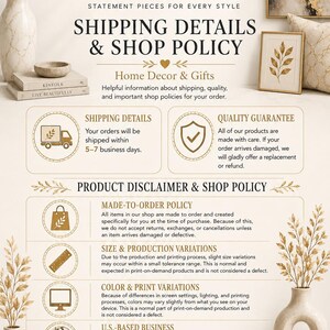The image is a promotional poster for a company called "MegaWallArt" that provides shipping details and shop policy information for various products. It includes images of home decor and gifts, as well as product disclaimer and shop policy information.