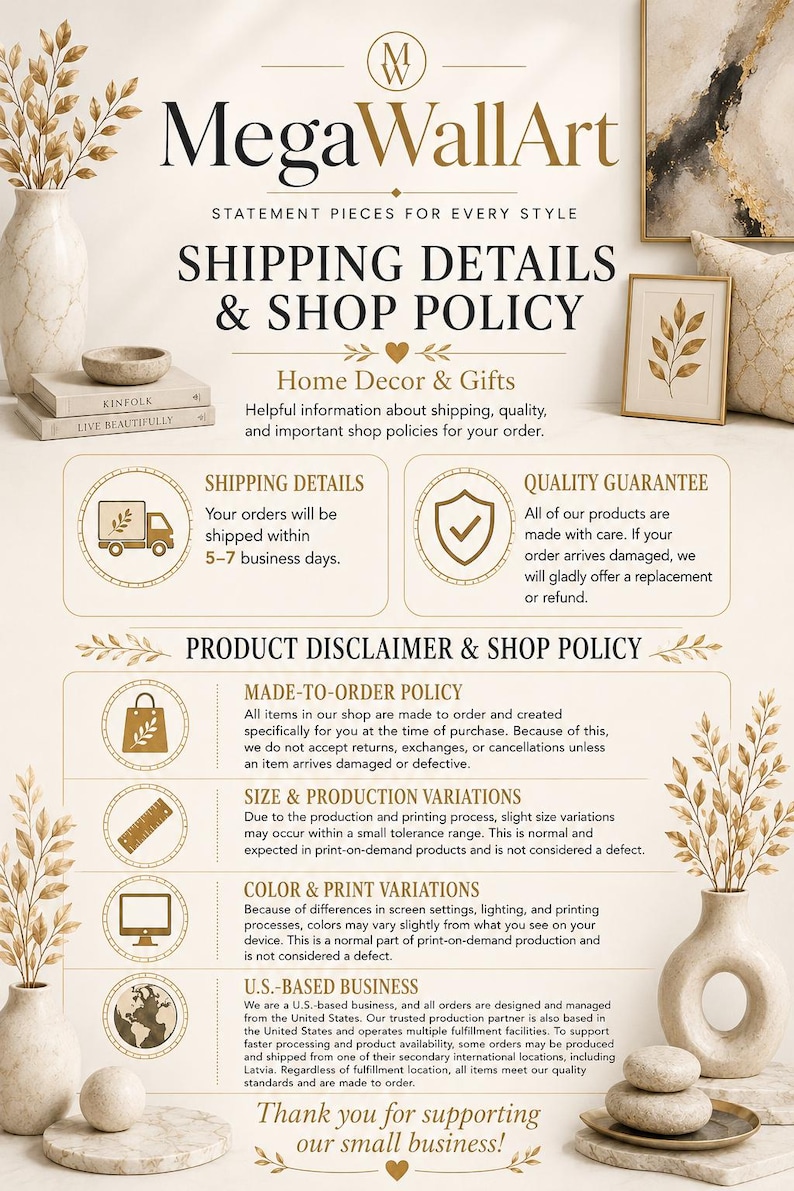 The image is a promotional poster for a company called "MegaWallArt" that provides shipping details and shop policy information for various products. It includes images of home decor and gifts, as well as product disclaimer and shop policy information.