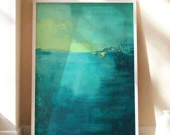 May include: A rectangular framed wall art piece featuring an abstract painting with layered brushstrokes in shades of deep teal, turquoise, and light lime green. The composition displays a horizontal color gradient with a white frame.
