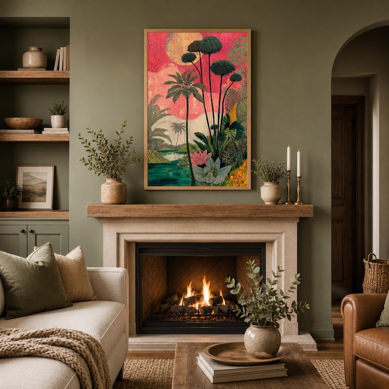 a cozy living room with a fireplace, a painting of tropical plants hanging above it, and a comfortable couch and chair arranged around the fireplace.
