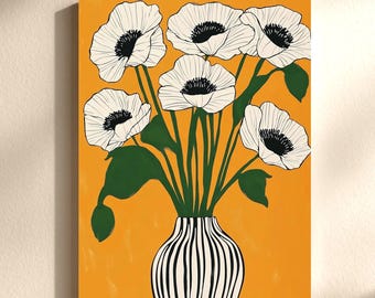 Modern Poppy Wall Art, Floral Canvas Print, Mustard Yellow Poster, Framed Botanical Decor, Mid Century Flower Painting, Large Home Gift