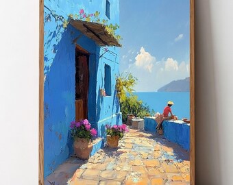 May include: An oil painting depicting a bright blue building with a wooden doorway and two terracotta pots filled with pink flowers. A stone path leads towards a blue sea under a clear sky, where a figure in a red shirt sits on a low wall.