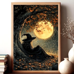 Witch Under Tree Wall Art, Halloween Moon Printable, Autumn Magic Digital Print, Gothic Witchy Home Decor, Instant Download