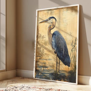 Blue Heron Digital Print, Vintage Coastal Bird Wall Art Poster, Nautical Wildlife Artwork, Rustic Nature Printable Art, Seaside Home Decor