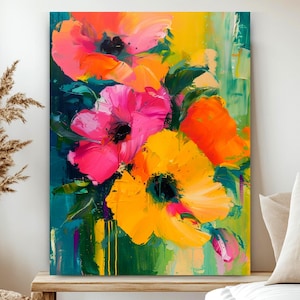 May include: A vertical canvas painting featuring a vibrant floral arrangement with large, expressive brushstrokes. The composition displays bright orange, hot pink, and sunny yellow flowers with dark centers, set against a deep teal and green background.