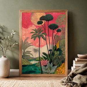 a vibrant, colorful painting of a tropical landscape, with lush palm trees, a serene body of water, and a variety of other flora and fauna. The painting is framed and displayed on a wall, creating a striking focal point in the room.