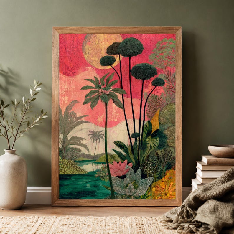 a vibrant, colorful painting of a tropical landscape, with lush palm trees, a serene body of water, and a variety of other flora and fauna. The painting is framed and displayed on a wall, creating a striking focal point in the room.