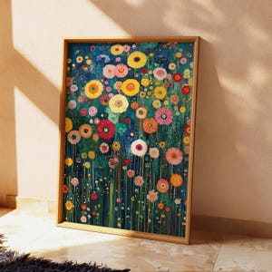Whimsical Flower Field Wall Art, Floral Garden Print, Nature-Inspired Decor, Digital Download, Cheerful Home Accent, Instant Download