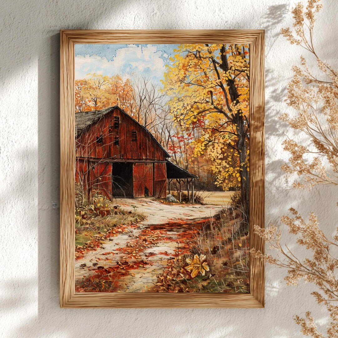 Autumn Barn Wall Art, Red Farmhouse Canvas Print, Rustic Country ...