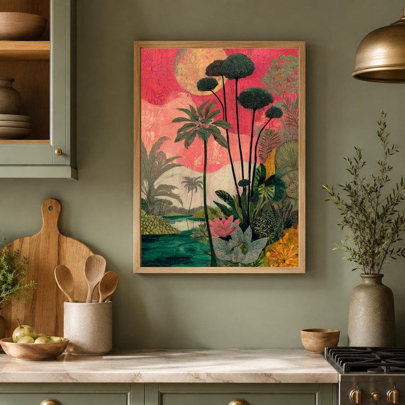 a vibrant, tropical-themed painting hanging on a wall above a kitchen counter. The painting depicts a lush, colorful landscape with palm trees, flowers, and a body of water. The kitchen counter is adorned with various kitchen utensils, including wooden bowls, spoons, and a vase. The overall scene creates a warm and inviting atmosphere in the kitchen.