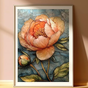 May include: A framed wall art print featuring a large, blooming peach-colored peony flower with a smaller closed bud and green leaves. The background consists of a blue, textured, stained-glass style pattern with dark outlines throughout the image.
