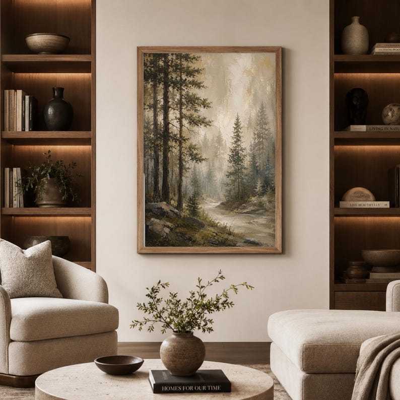 May include: A framed vertical wall art print depicting a misty forest landscape with tall pine trees and a winding stream in muted earth tones of brown, green, and beige, displayed in a room with built-in shelving and neutral furniture.