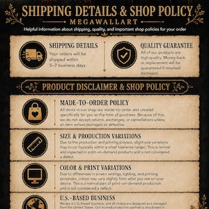 The image is a shipping details and shop policy document that provides information about the company's policies for shipping, product disclaimer, and shop policy.