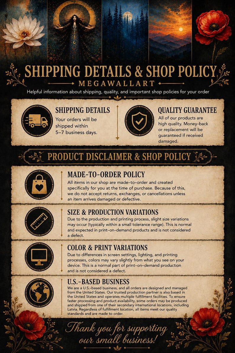 The image is a shipping details and shop policy document that provides information about the company's policies for shipping, product disclaimer, and shop policy.