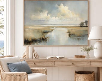 Marsh Landscape Wall Art, Coastal Wetlands Print, Peaceful Waterscape Canvas, Framed Canvas, Neutral Coastal Decor, Modern Nature Artwork