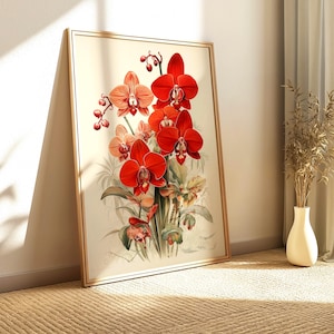 Red Orchid Digital Print, Vintage Botanical Flower Wall Art, Tropical Nature Printable Art, Rustic Floral Artwork, Exotic Home Decor