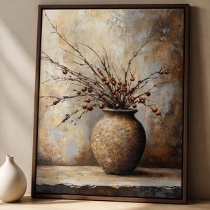 Autumn Berry Branch Wall Art, Textured Pottery Canvas, Warm Neutral Still Life Print, Modern Rustic Decor, Framed Botanical Artwork