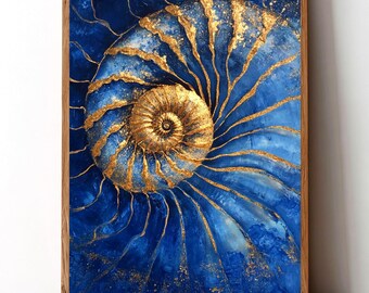 Blue And Gold Shell Canvas Art, Nautical Spiral Wall Decor, Framed Coastal Poster, Navy Sea Life Portrait, Modern Abstract Ocean Print, Gift