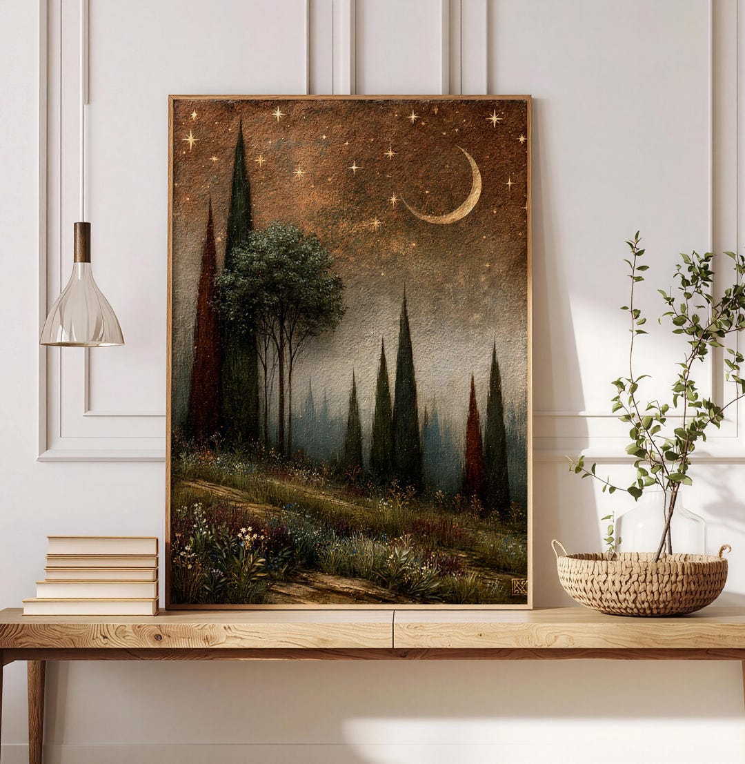 Moon Forest Wall Art, Night Landscape Framed Canvas Print, Starry Sky ...