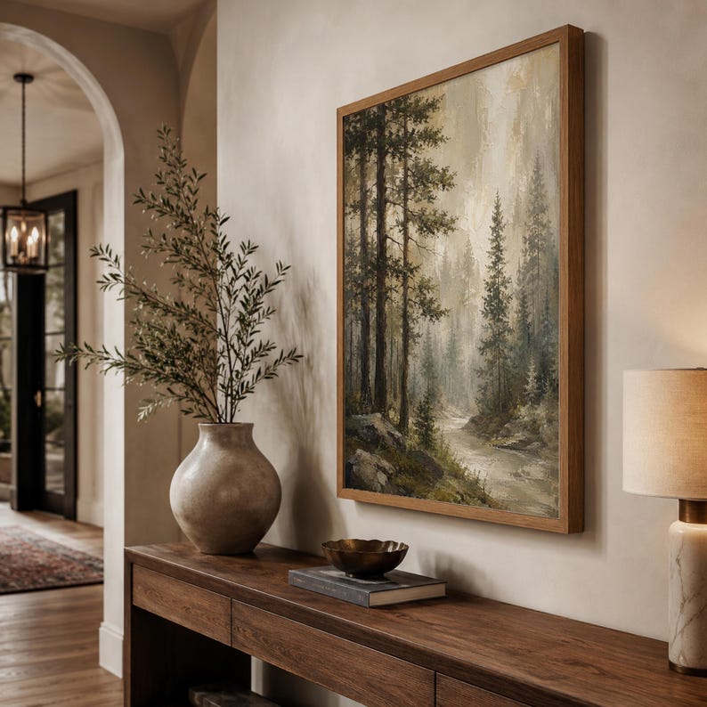 May include: A rectangular framed wall art print depicting a forest landscape with tall pine trees, a winding river, and rocky terrain in muted earth tones of green, brown, and beige, displayed in a wooden frame on a neutral-colored wall.