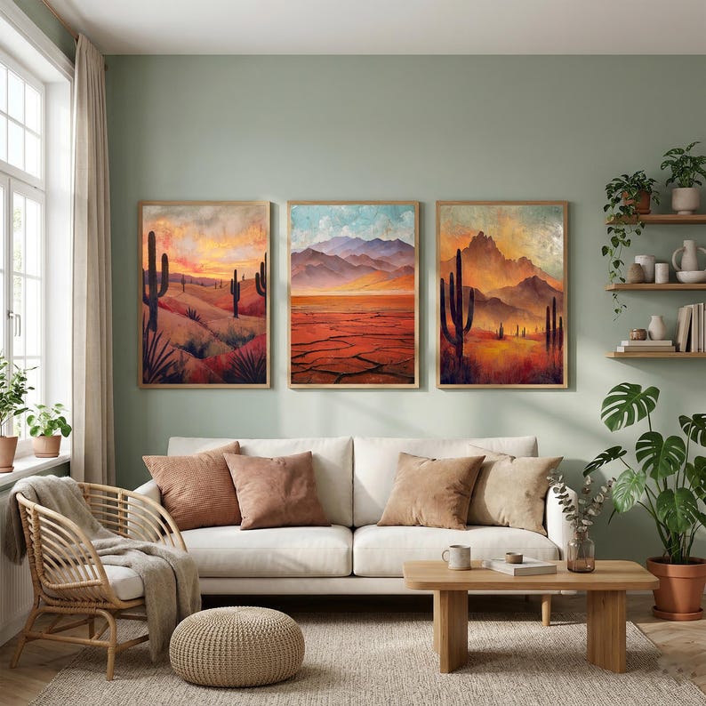 Set of 3 Desert Landscape Wall Art, Southwestern Cactus Framed Canvas ...