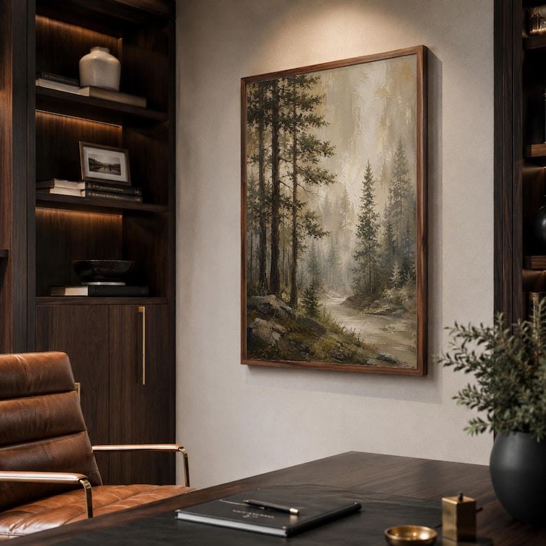 May include: A framed vertical wall art print depicting a misty forest landscape with tall pine trees, a winding stream, and rocky terrain in muted earth tones of green, brown, and beige, displayed on a light-colored wall in a room.