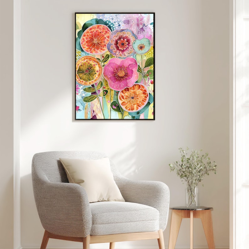 Colorful Floral Wall Art, Boho Flower Canvas Print, Vibrant Botanical ...