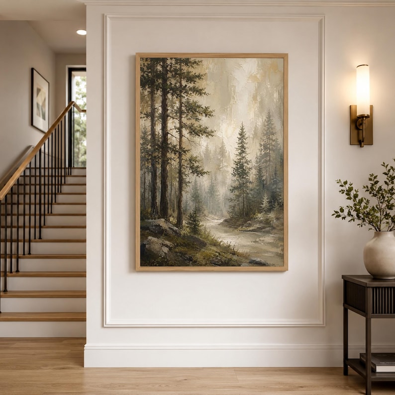 Misty Forest Wall Art, Neutral Woodland Canvas, Rustic Pine Tree Decor, Nature Cabin Bedroom Wall Print, Elegant Home Accent image 2