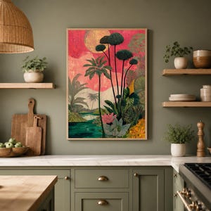 a kitchen with a large, colorful painting of tropical plants hanging on the wall above a wooden countertop. The painting depicts a lush, vibrant tropical landscape with palm trees, flowers, and a body of water. The kitchen has a green color scheme, with wooden shelves and cabinets, and various kitchen accessories such as bowls, plates, and a knife.