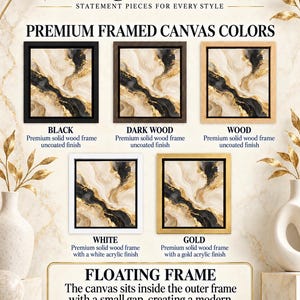 The image is a promotional poster for MegaWallArt, showcasing various premium framed canvas colors and styles. It features images of black, dark wood, white, gold, and floating frames, each with a different finish. The poster highlights the premium quality of the canvas and the modern floating effect created by the frames.