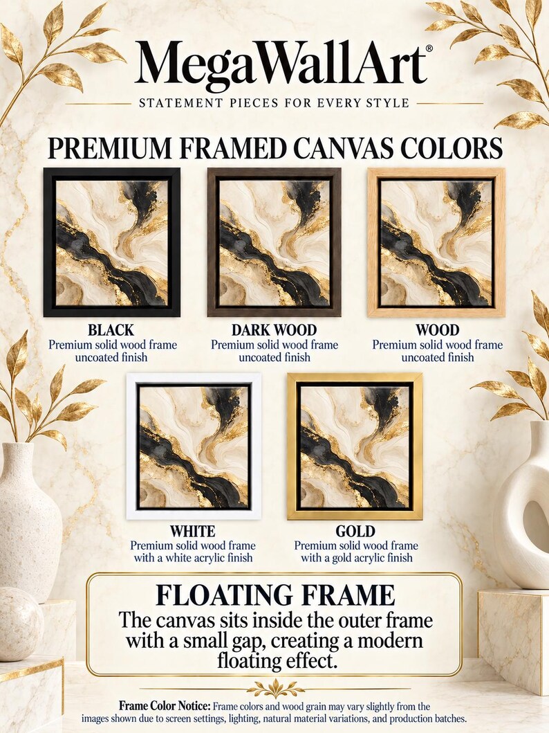 The image is a promotional poster for MegaWallArt, showcasing various premium framed canvas colors and styles. It features images of black, dark wood, white, gold, and floating frames, each with a different finish. The poster highlights the premium quality of the canvas and the modern floating effect created by the frames.