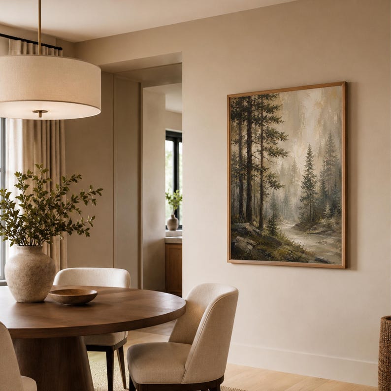 May include: A rectangular framed wall art print featuring a forest landscape with tall pine trees, a winding path, and soft, misty lighting in muted earth tones of brown, green, and beige, displayed on a plain, light-colored interior wall.