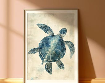 Blue Sea Turtle Canvas Print, Coastal Ocean Marine Life Wall Art, Nautical Beach House Bathroom Poster, Seaside Wildlife Decor